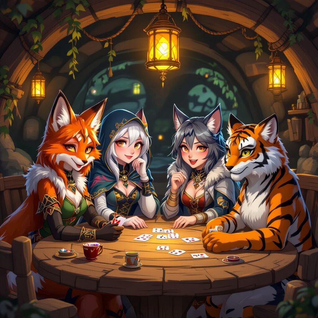 Fantasy Girls' Card Game in Cozy Hideout