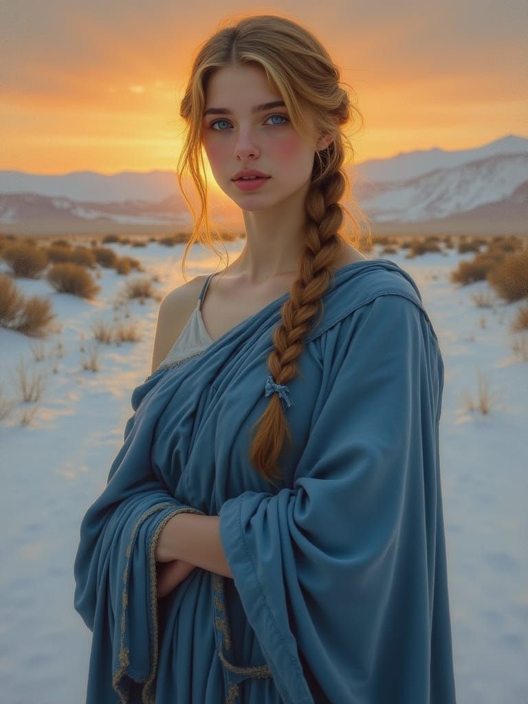 Young Woman in Greek Chiton on Snowy Desert Road at Sunset
