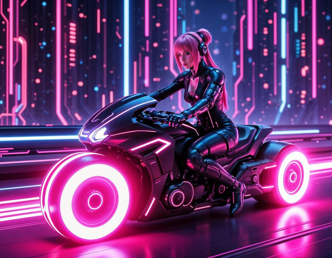 Cyberpunk woman riding a lightcycle