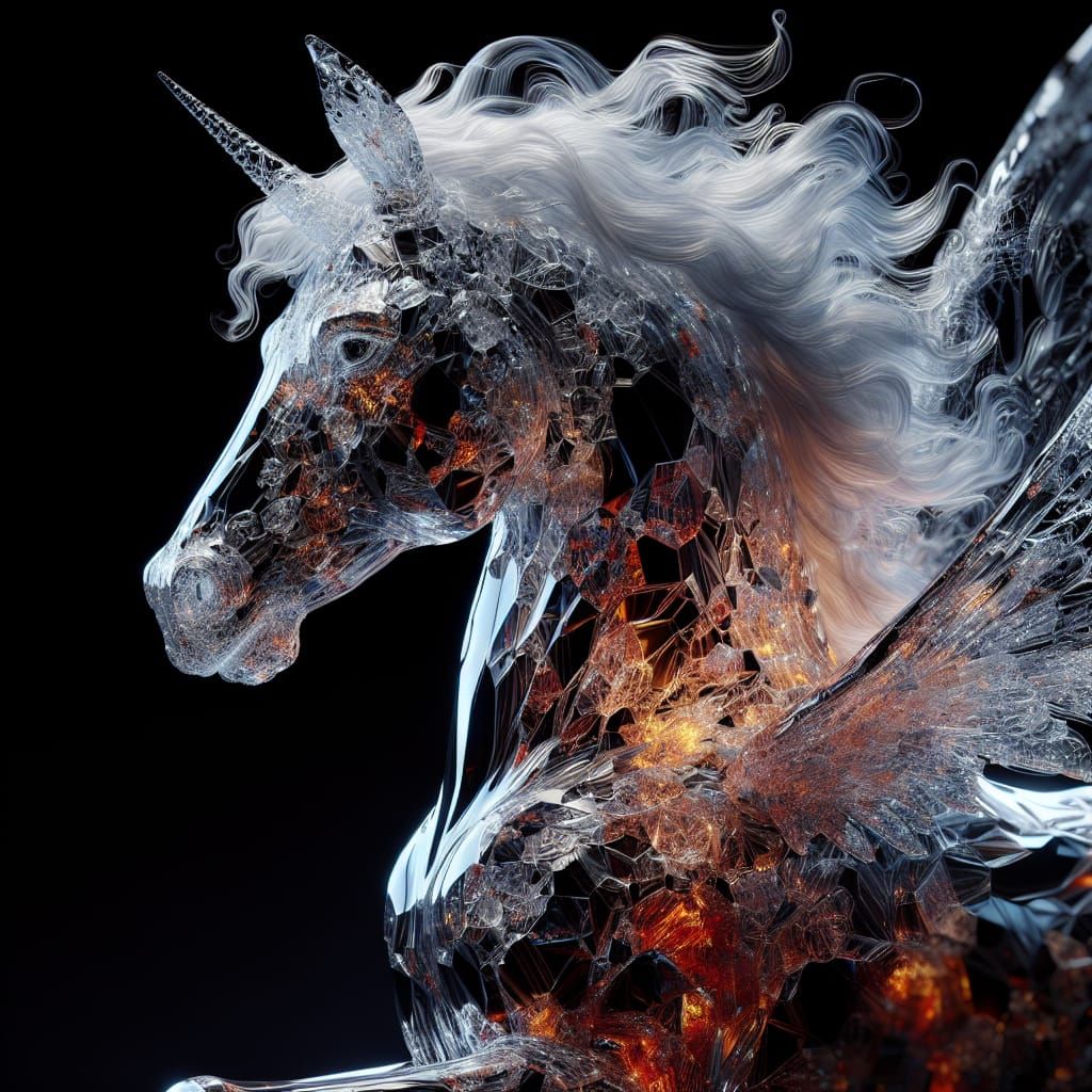 Create a detailed and photorealistic 16K resolution CGI art image of a transparent Pegasus
made of fragile colored lava ...