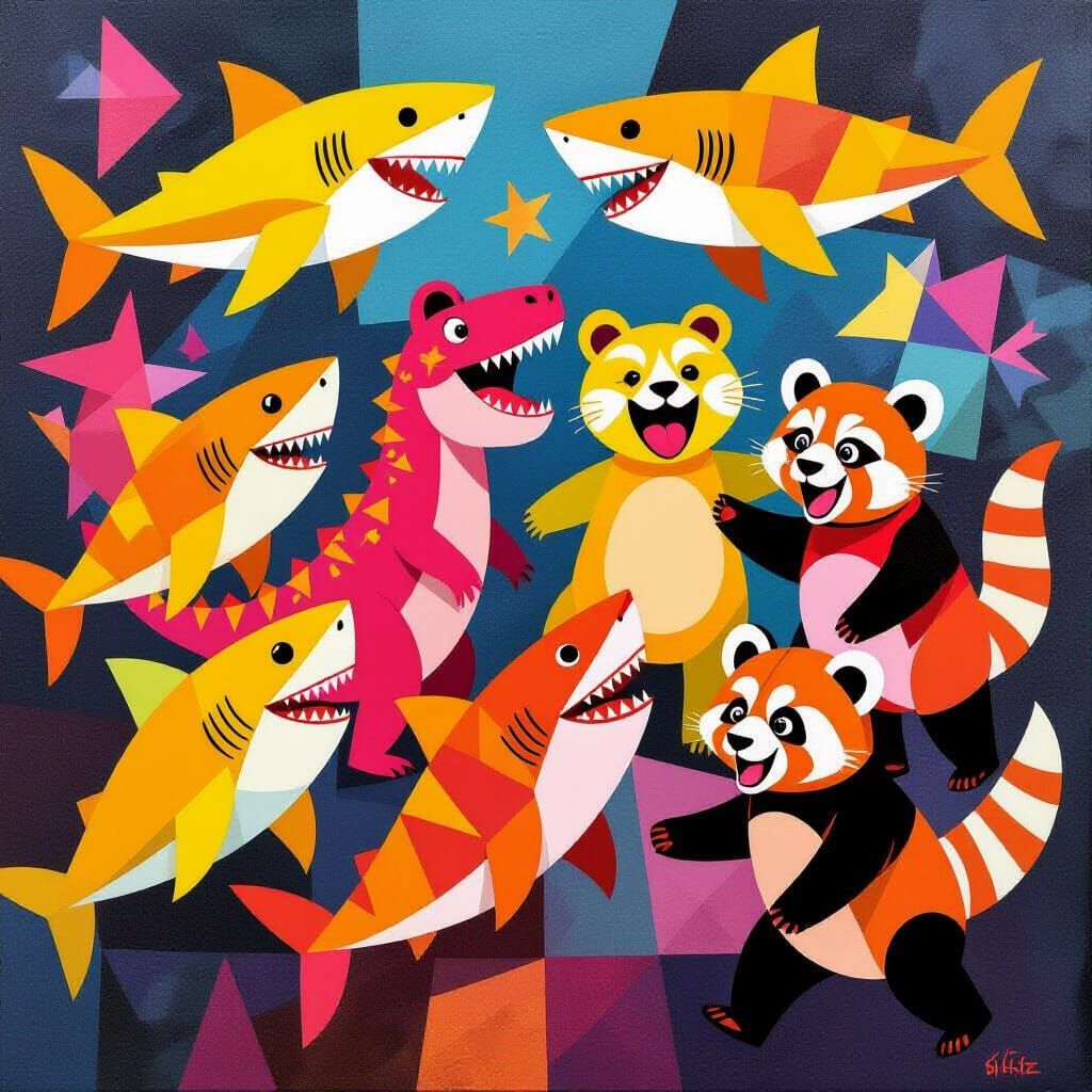 Abstract Cubist Parade of Sharks, Dinosaurs, and Pandas
