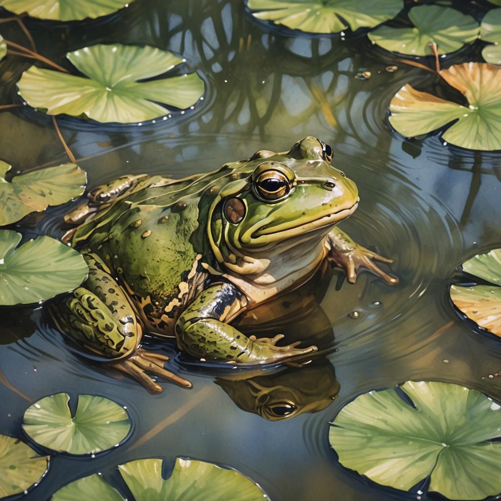 Watercolor Study of a Bullfrog in Warm Pond Light