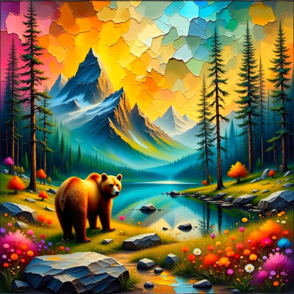 Impasto Mountain Landscape by a Mystical Lake