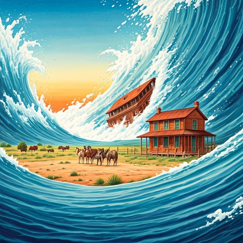 Tsunami Hits Ponderosa Ranch in Watercolor