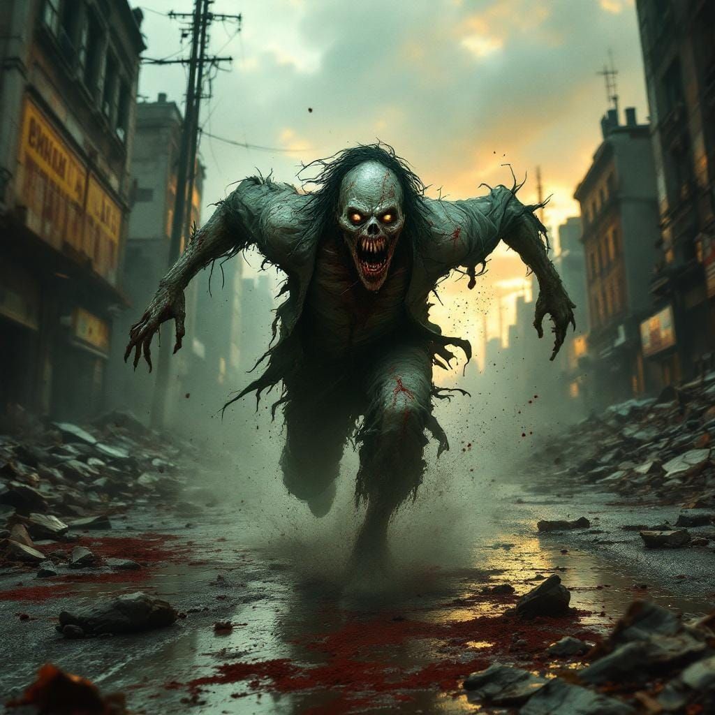 Rabid Zombie Creature in Ruined City, Detailed Matte Paintin...
