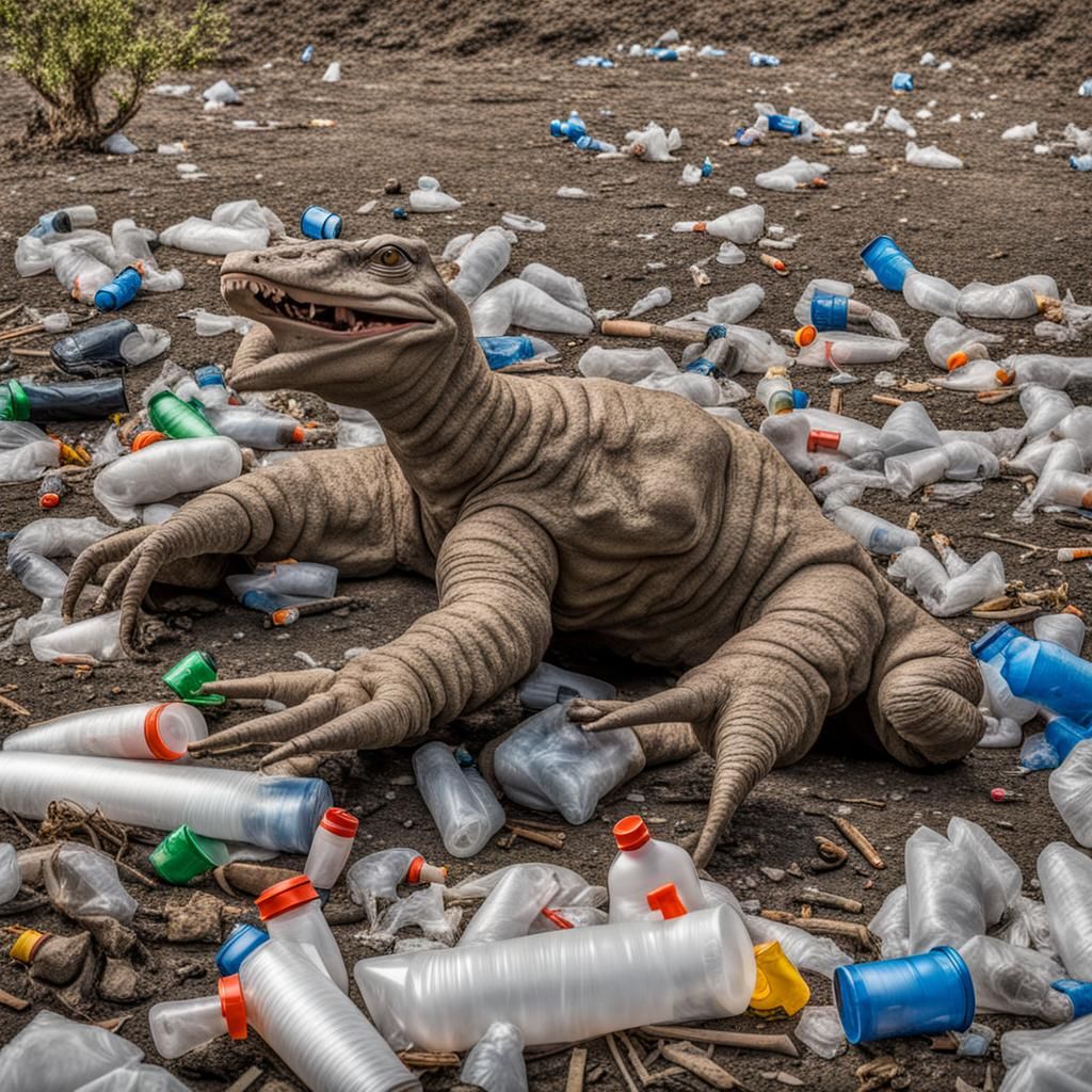 Dino Beside Plastic Recycling Bin in a Postmodern Setting
