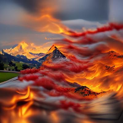 Surreal Flames Engulf the Swiss Alps in a Cyberpunk Backgrou...