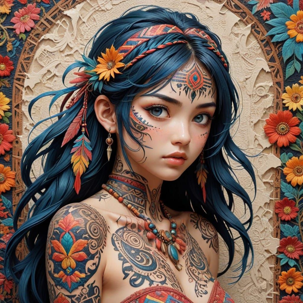 Anime Needlepoint Art with Tribal Tattooing and Textured Wal...