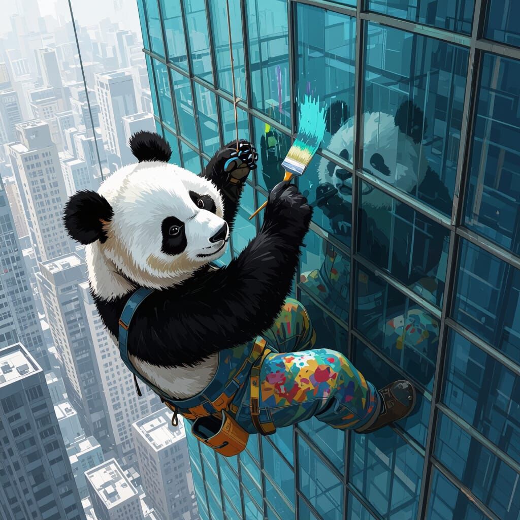 Panda Painter on Skyscraper, Digital Art