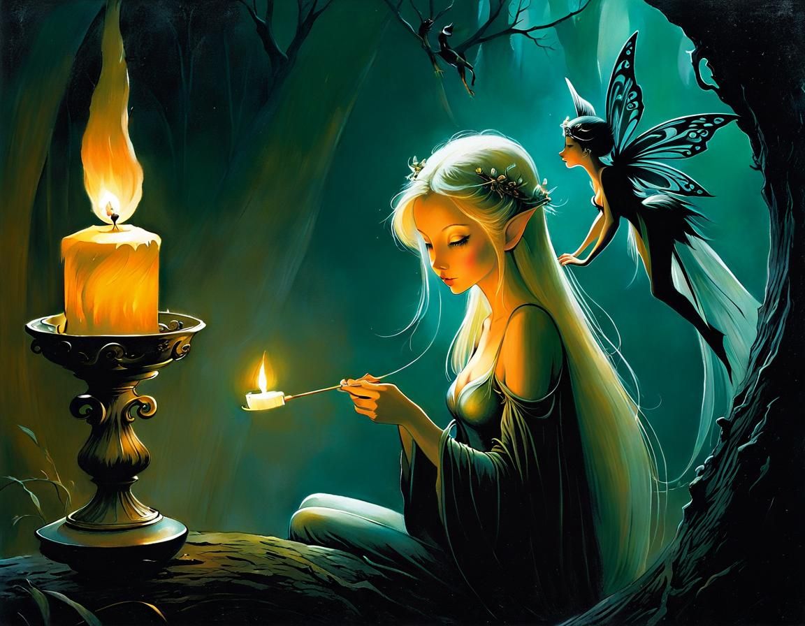 Whimsical Candlelit Fairy Scene in a Dreamy Masterpiece
