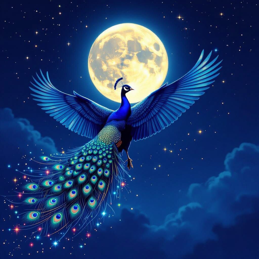 Majestic Peacock Flies Through Starry Night Sky