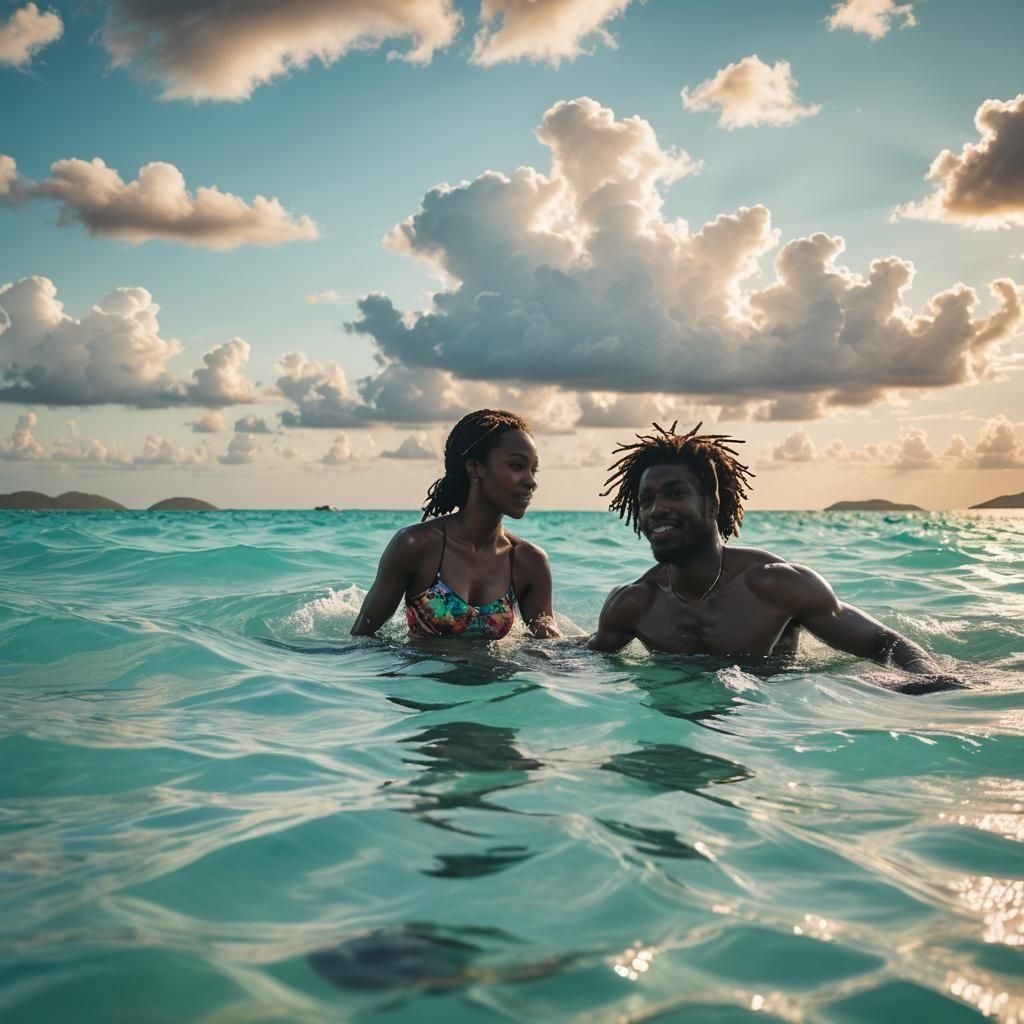 Tropical Caribbean Scene with Serene Black Couple