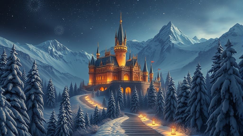 Enchanted Snowy Mountain Castle Illuminated by Golden Lights