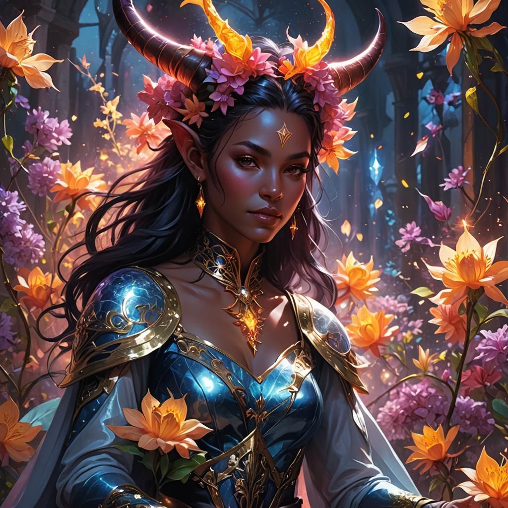 Ethereal Tiefling Queen Amidst Triadic Blooms