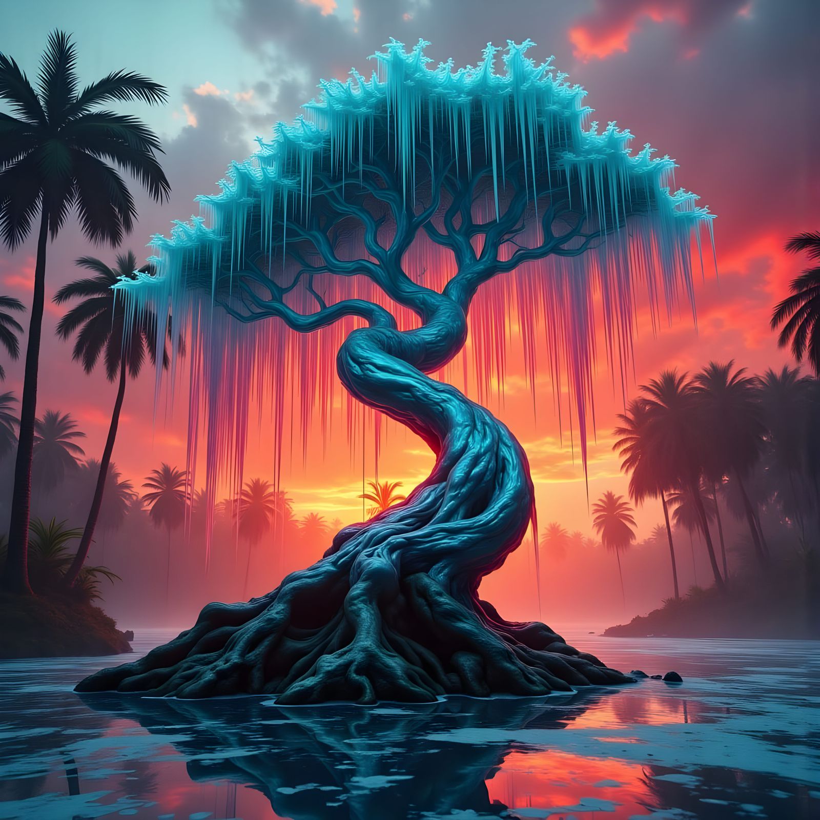 Neo-Expressionist Giant Crystal Willow Tree at Dawn