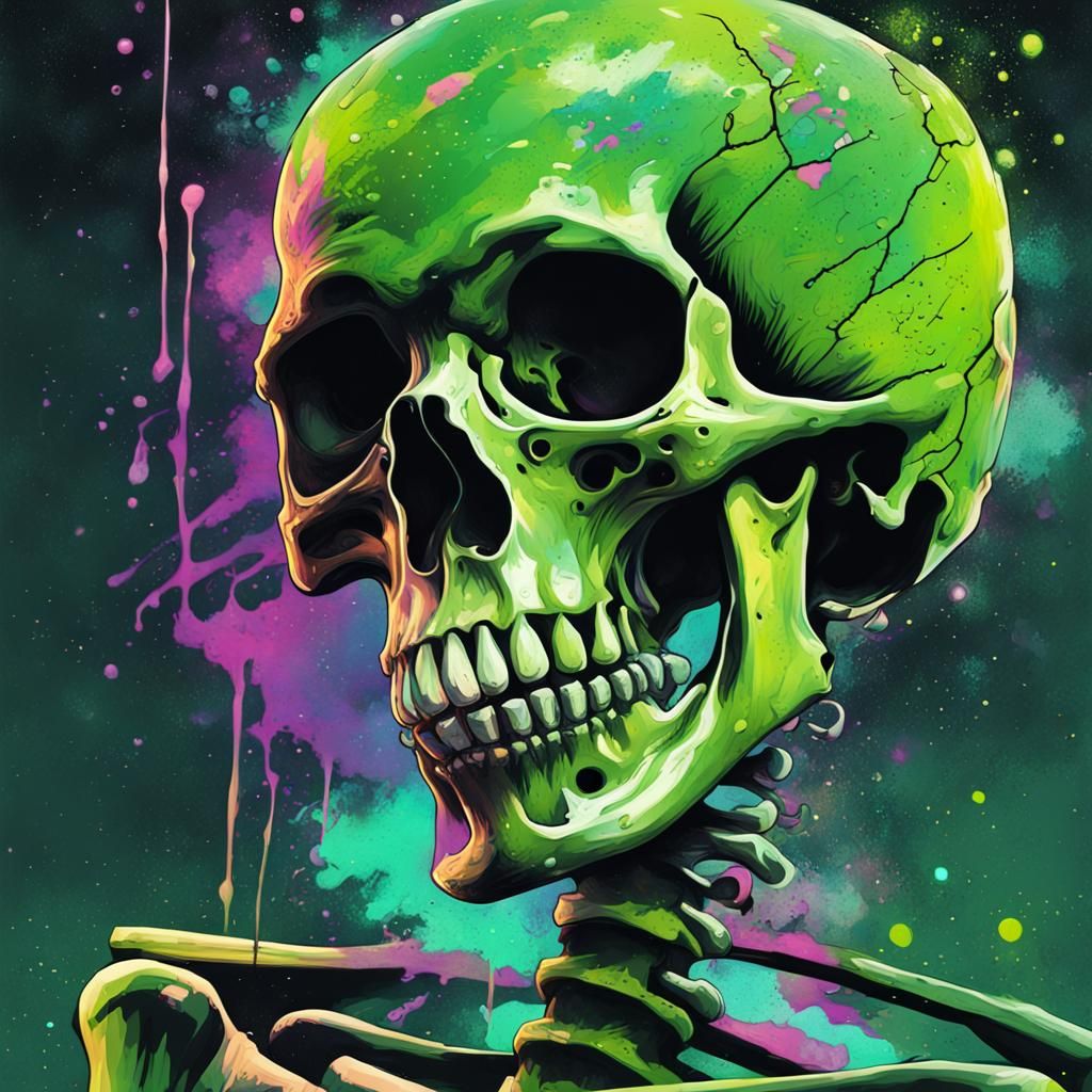 Vibrant Green Galaxy Skeleton in Stunning Graffiti Art