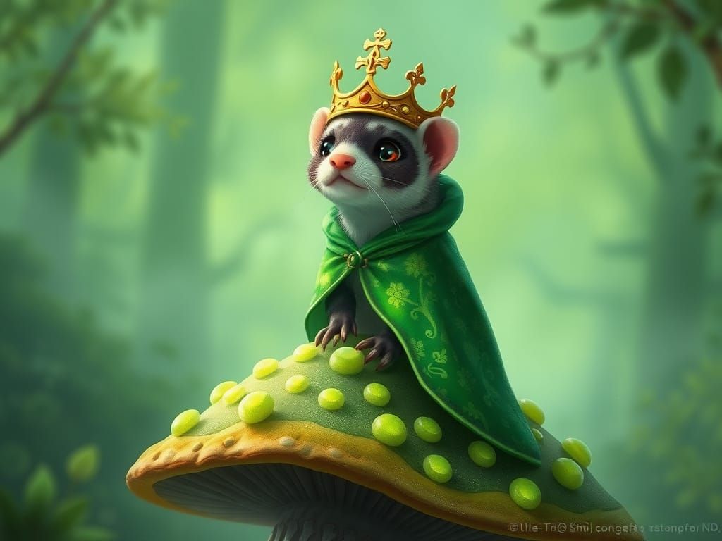 A regal ferret, adorned in a shimmering emerald cloak and a golden crown, surveys its kingdom from atop a giant mushroom...