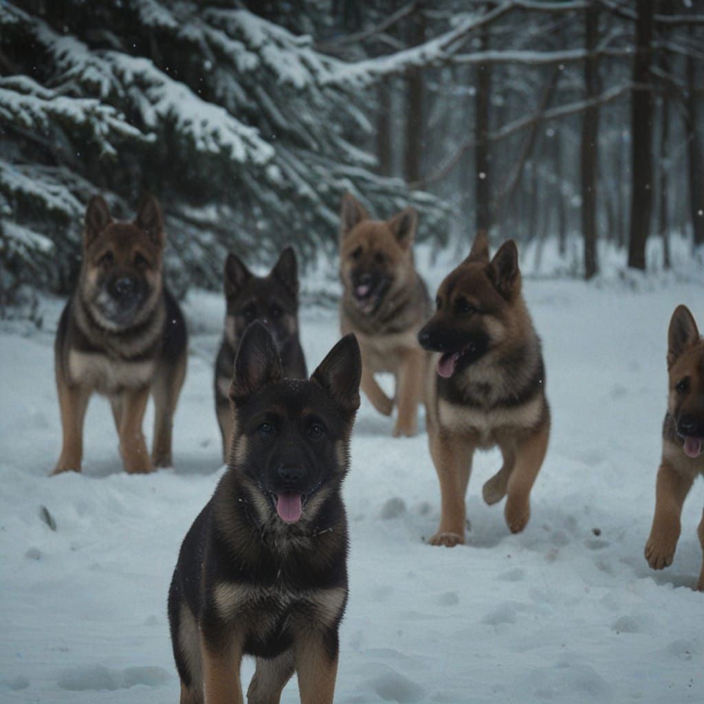 German Shepherd Puppies in Snowy Cinematic Scene