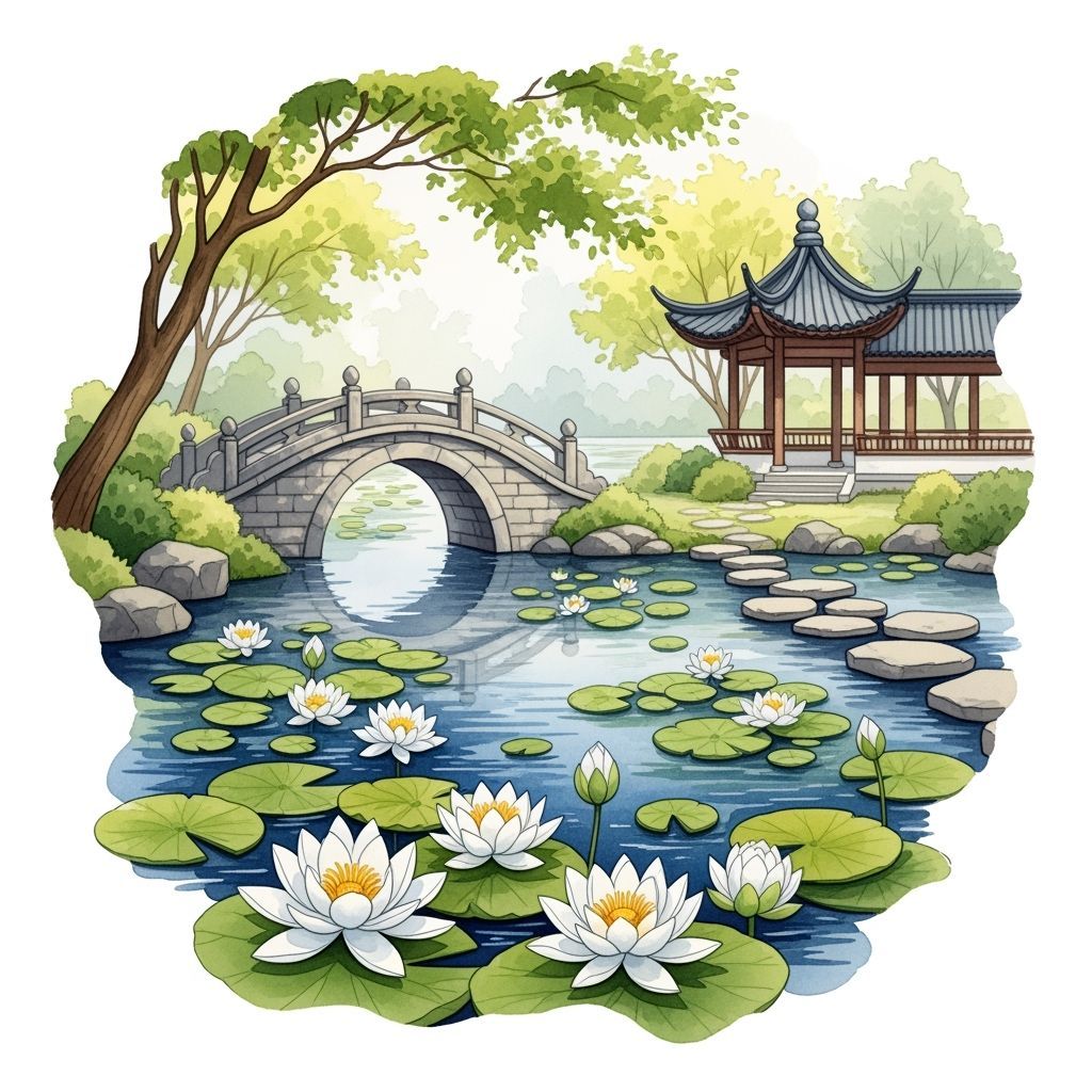 Serene Japanese Garden Watercolor Painting with Bridge and L...