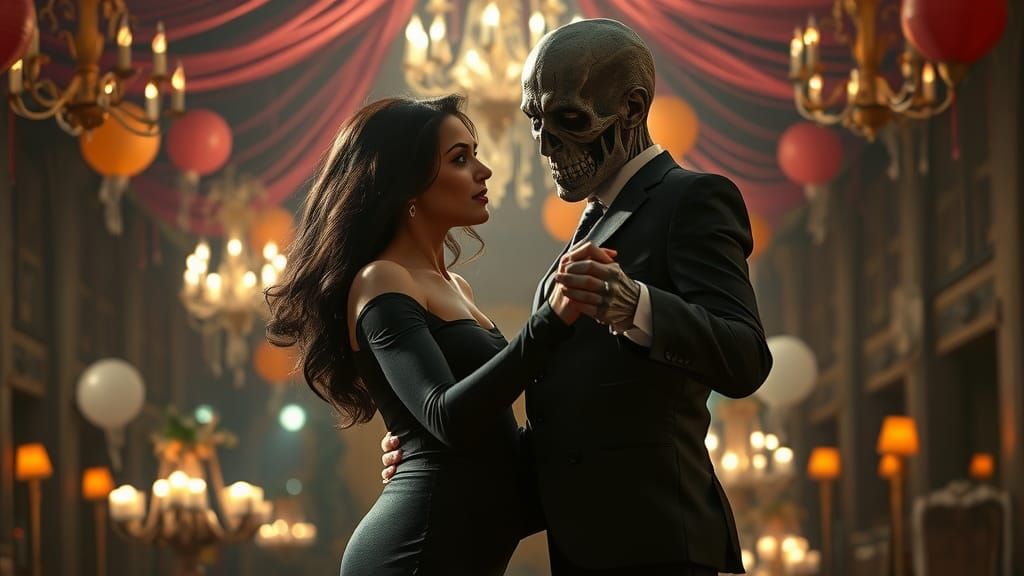 Vampire Woman Dances with Zombie Man in Whimsical Dark Ballr...