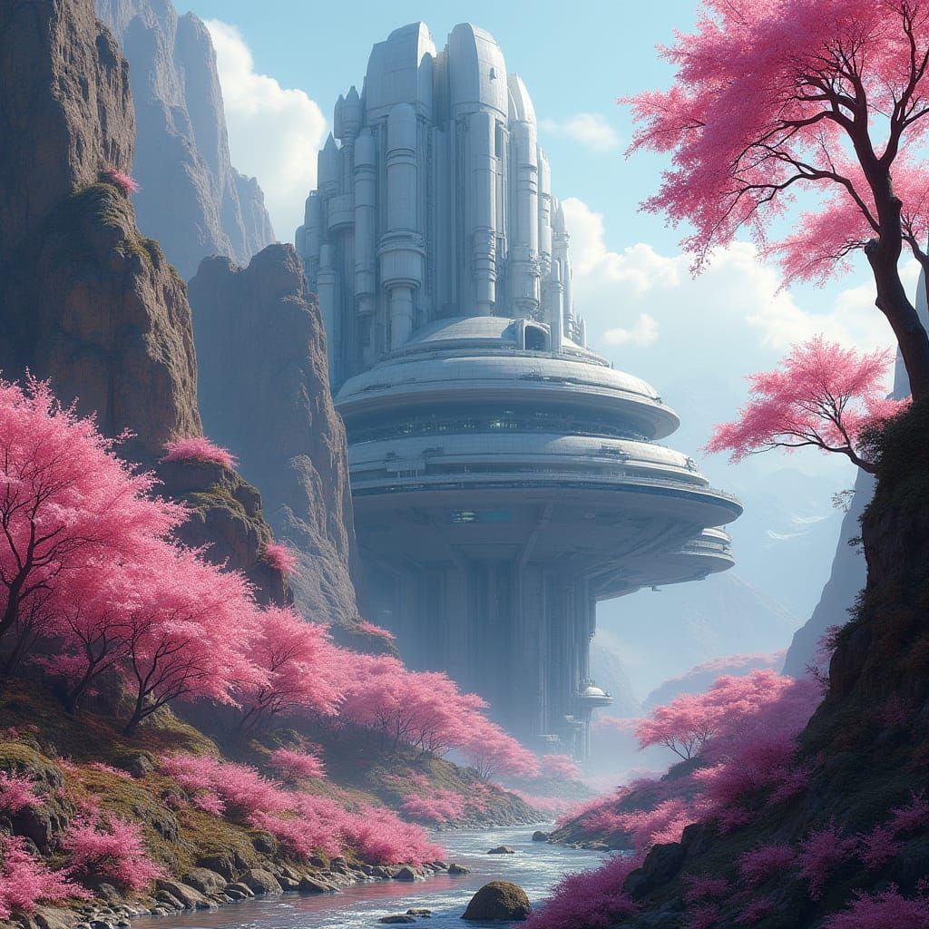 Futuristic Space Base Amidst Sakura Trees