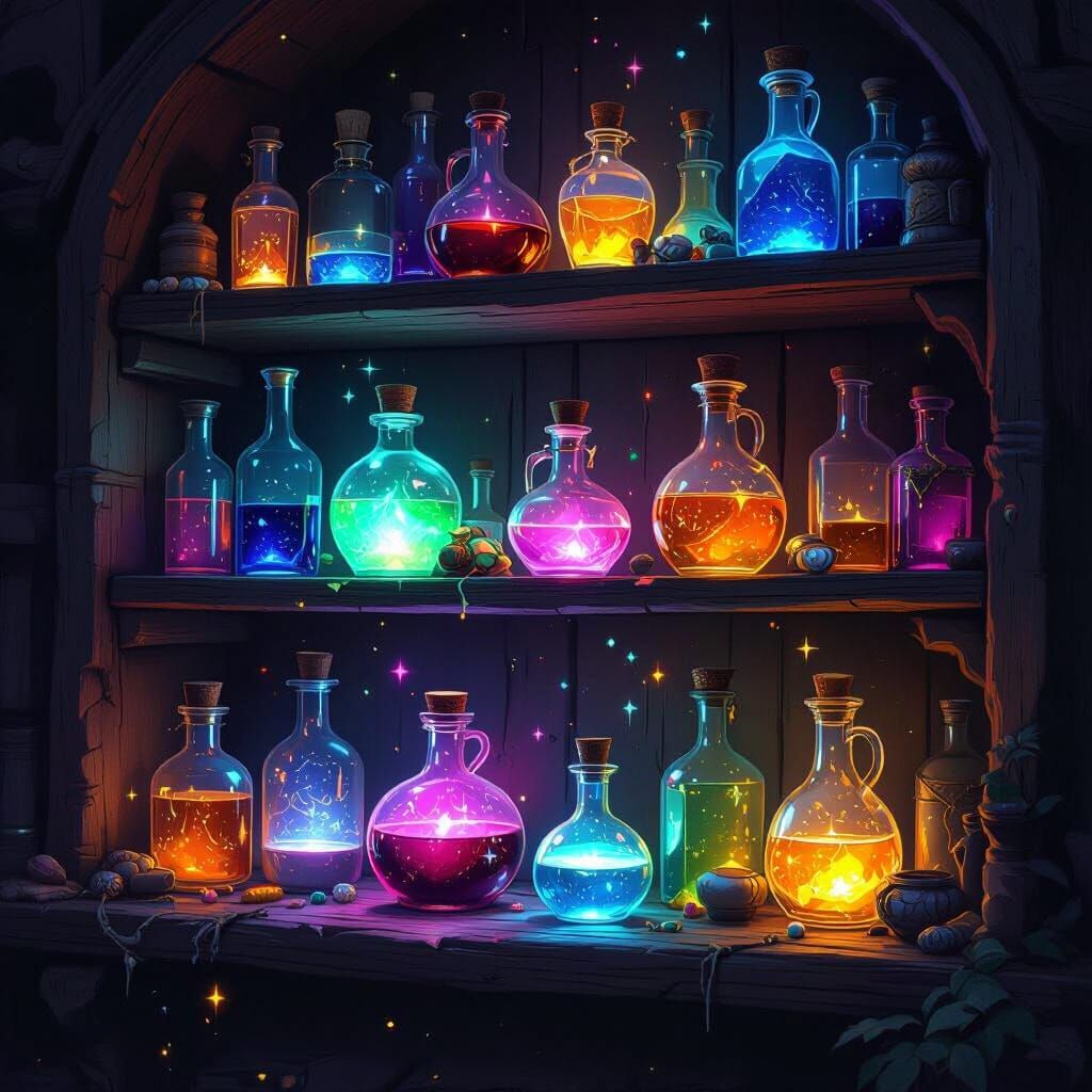 Magical Potions Shelf in Dark Fantasy Concept Art