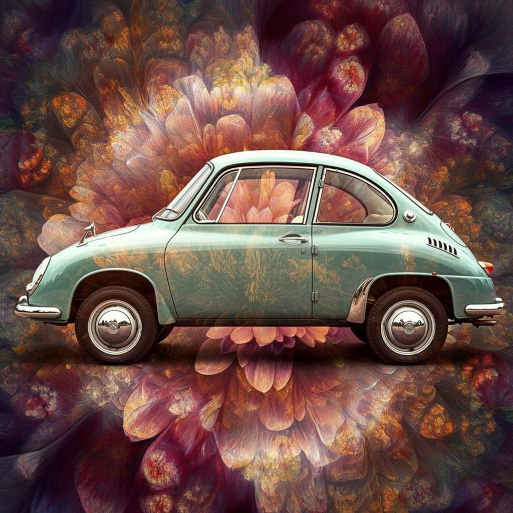 Vintage Subaru 360 Amidst Art Nouveau-Style Fractal Flowers....