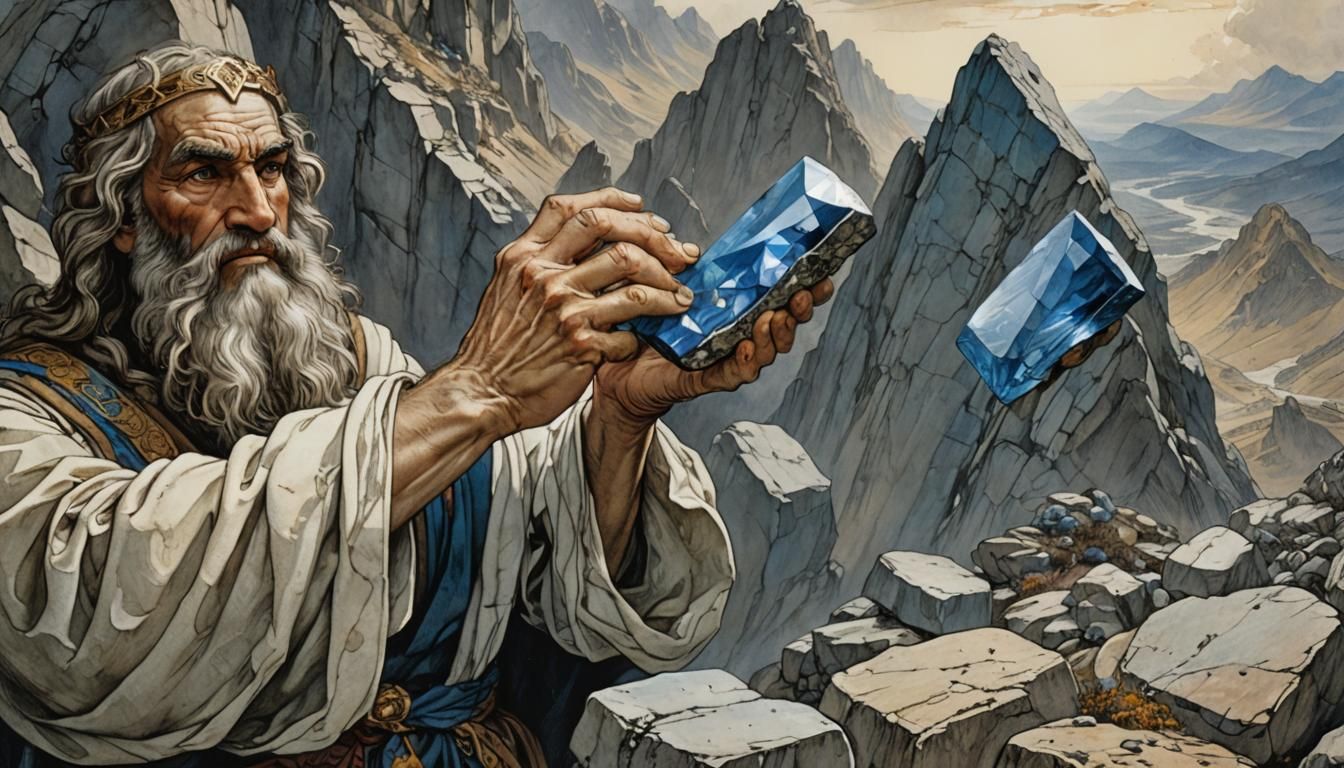 Ancient God Writing Ten Commandments on Sapphire Tablets in....