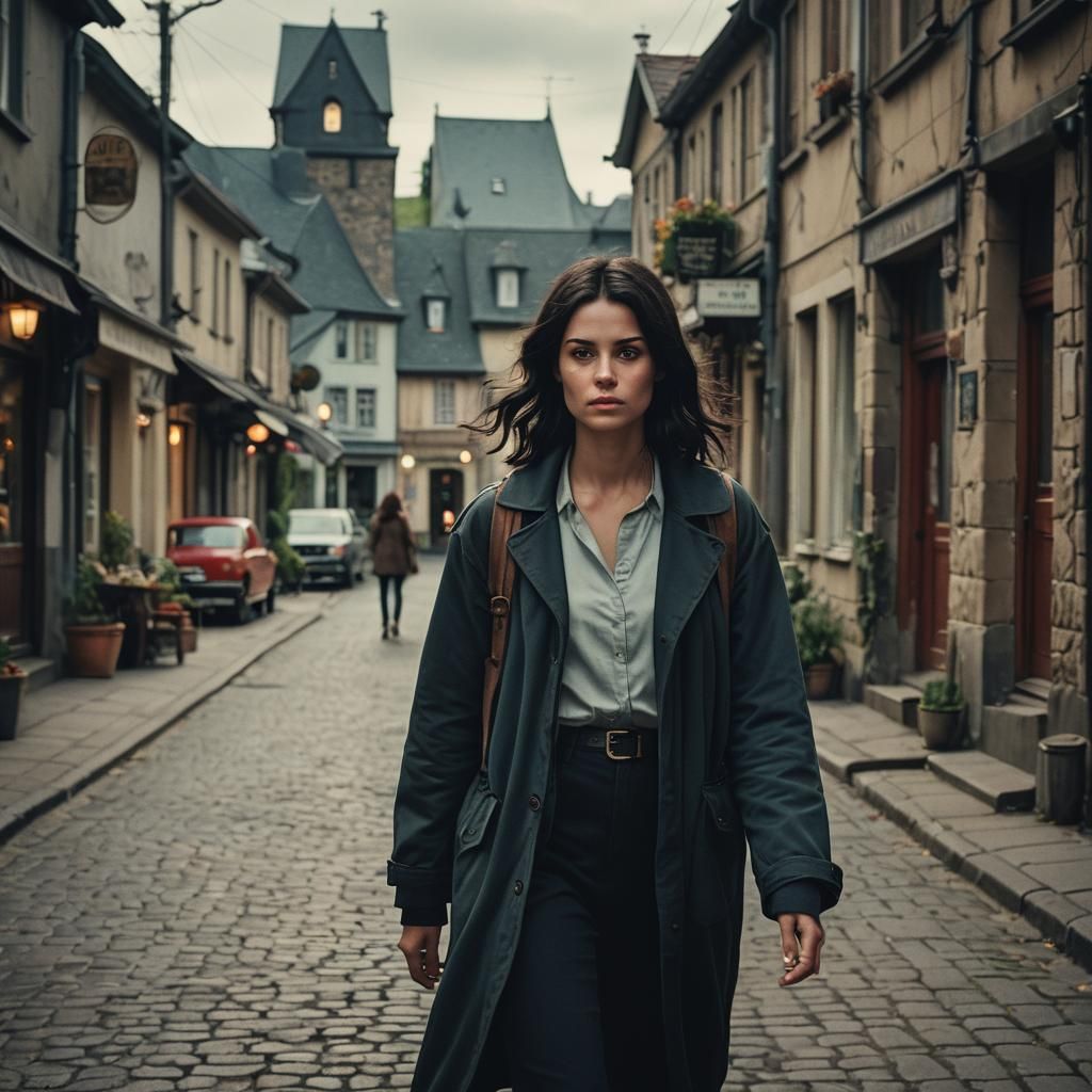 Elegant Woman Paces Down a Serene Rural Road in Cinematic St...