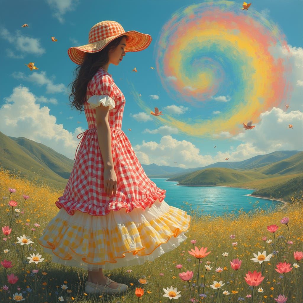 Vibrant Gingham Dreamscapes in Whimsical Style