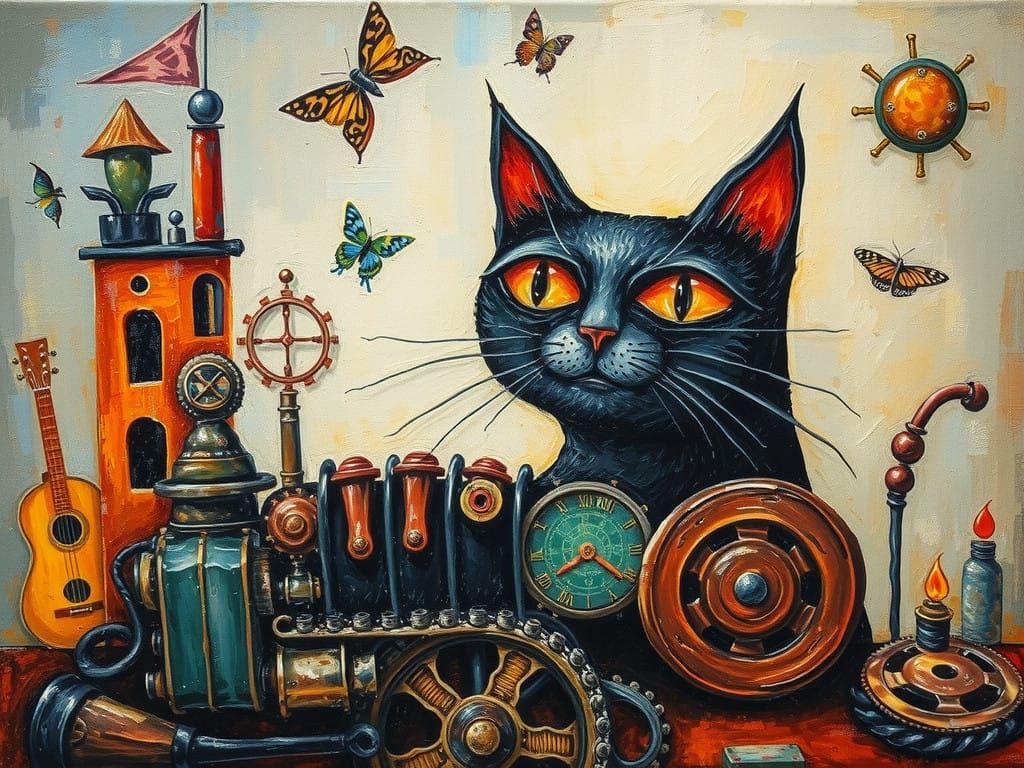 Whimsical Cat Realm in Steampunk Dreamscape