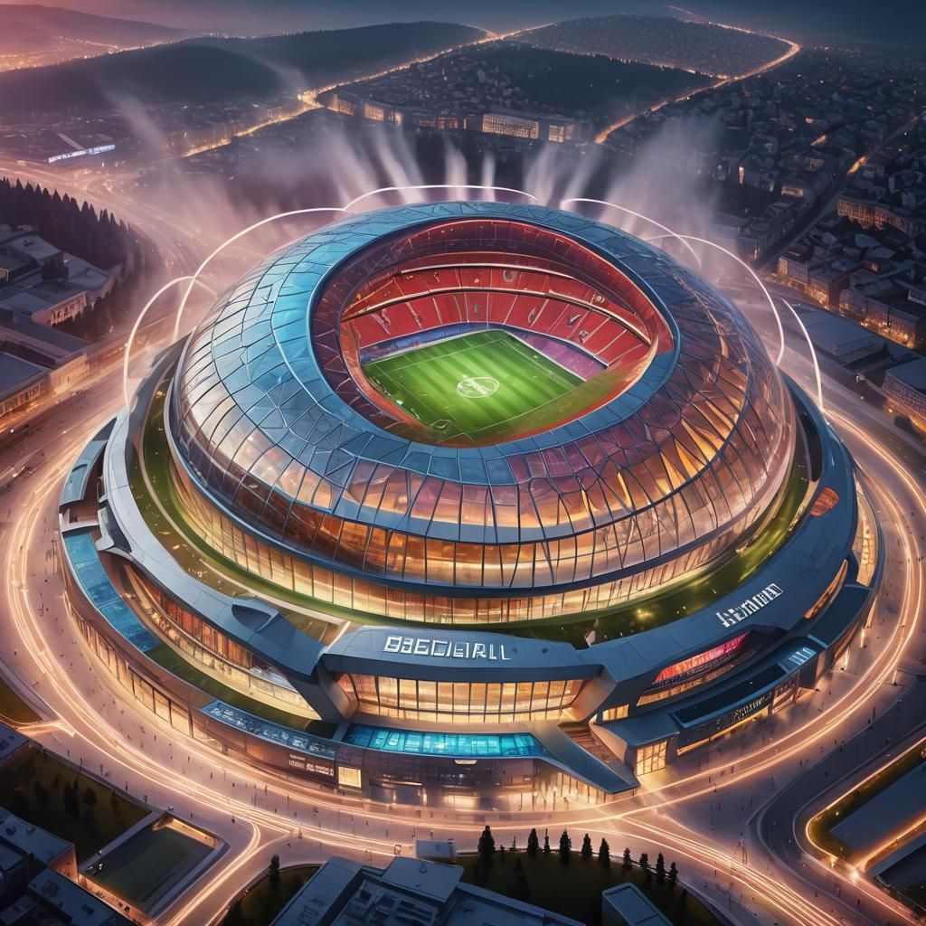 Futuristic Bulgarian Football Stadium in Neon-Lit Opulence