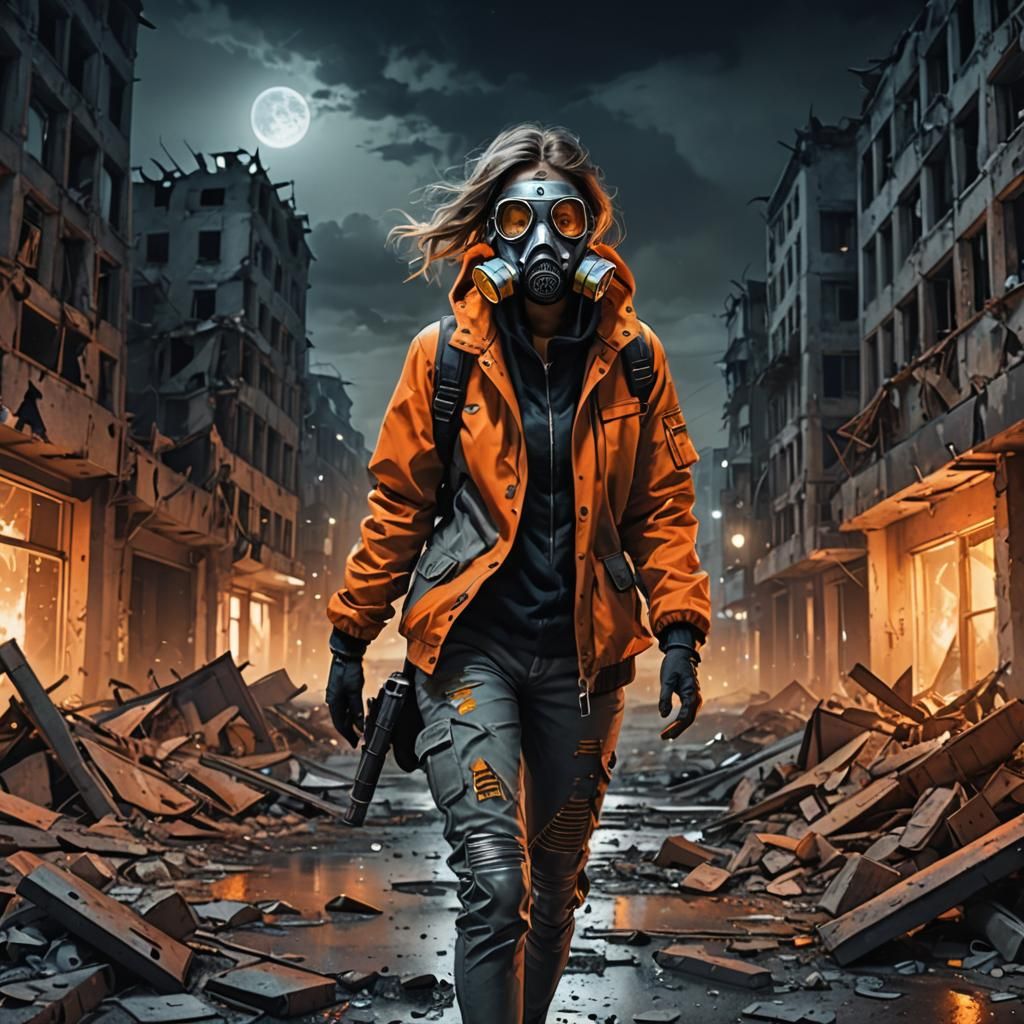 Dark Cityscape with Daring Figure in Gas Mask