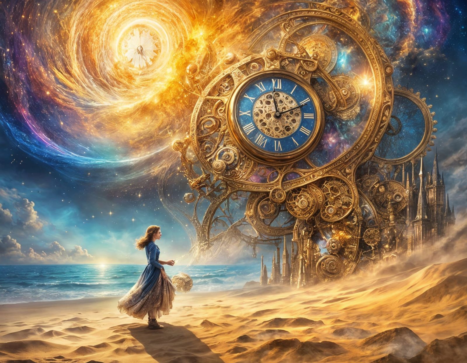 Ethereal Mother Time in Golden Astral Landscape