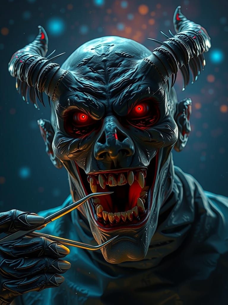 Menacing Demonic Dentist Portrait in Horror Aesthetic