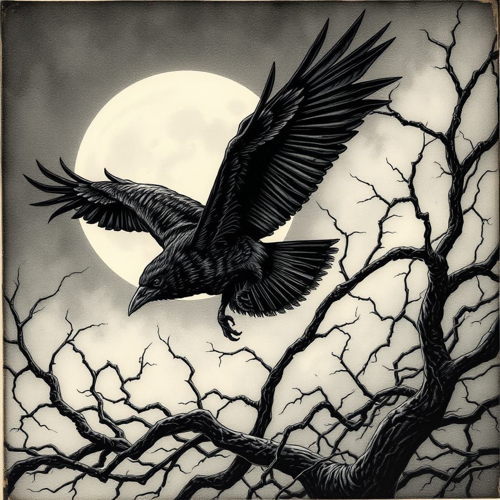 Gothic Pyrography Etching of Raven in Flight