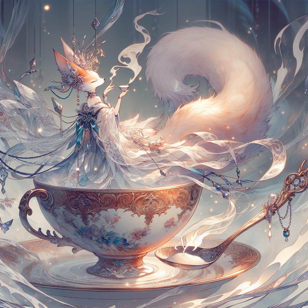 Anime Fox Dancer in Elegant Teacup Scene