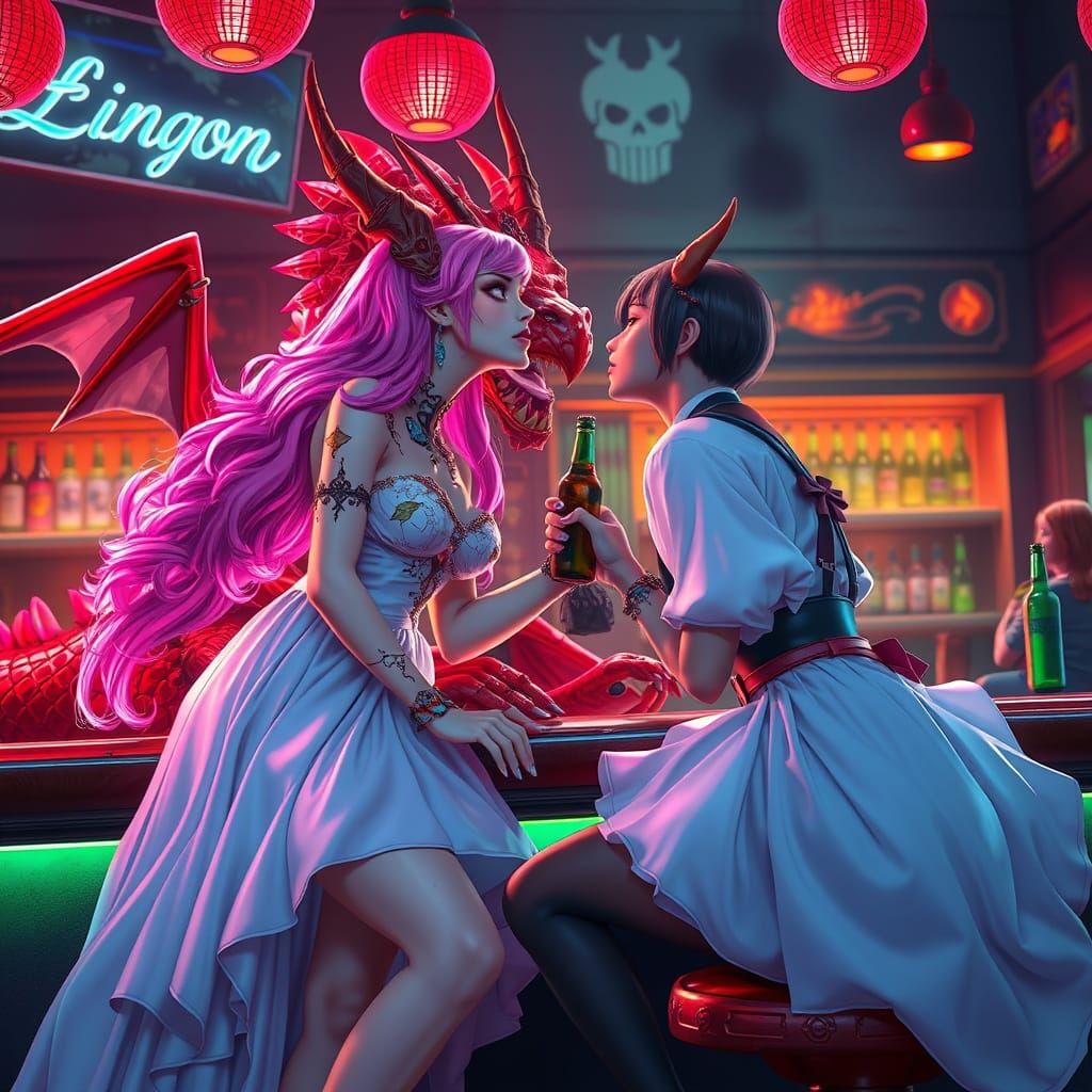 Goth Goddess Kiss with Dragon: Neon Noir Scene