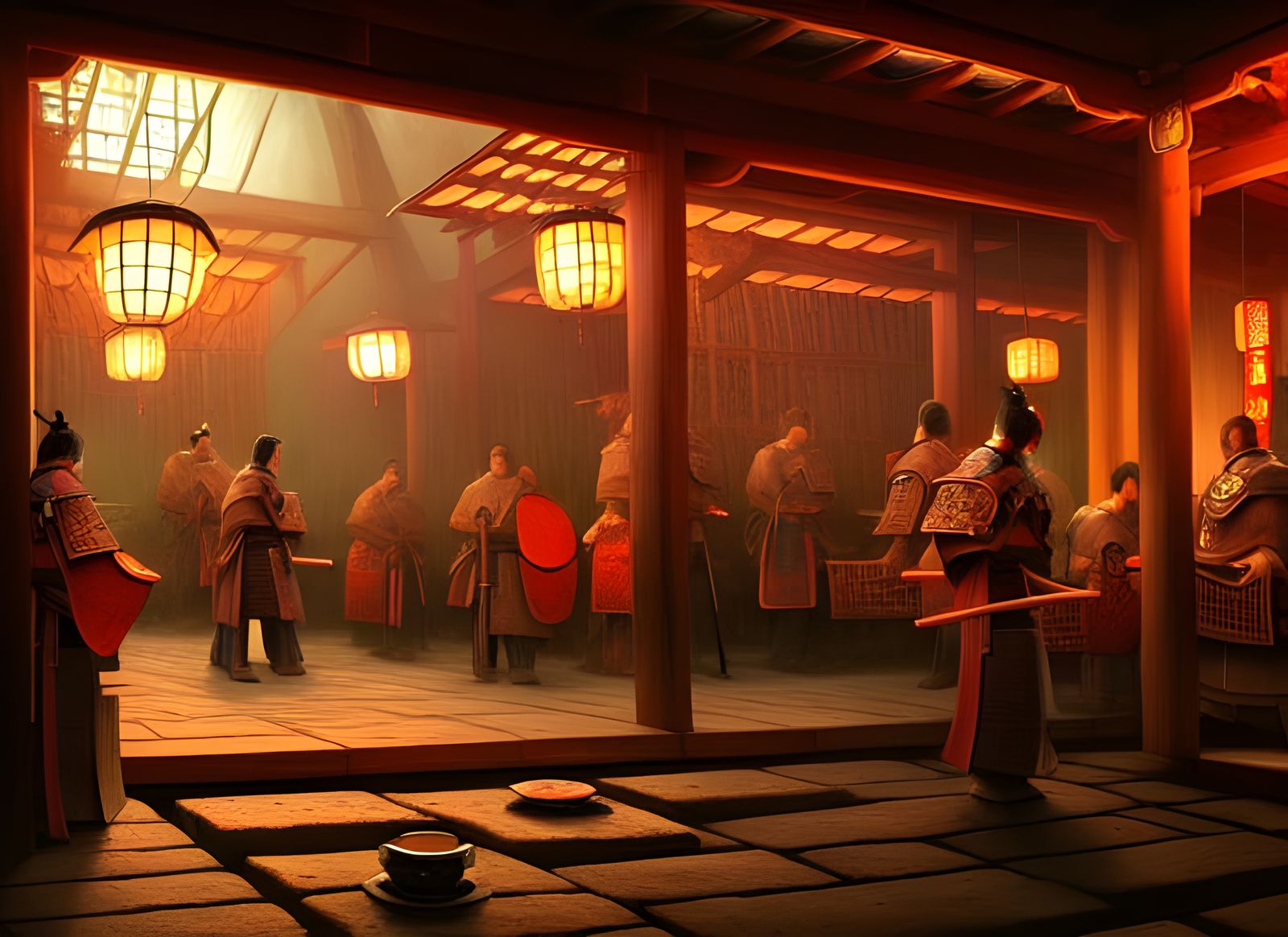 Surreal Samurai Cafe at Night, in Hyper-Realistic Digital Ar...