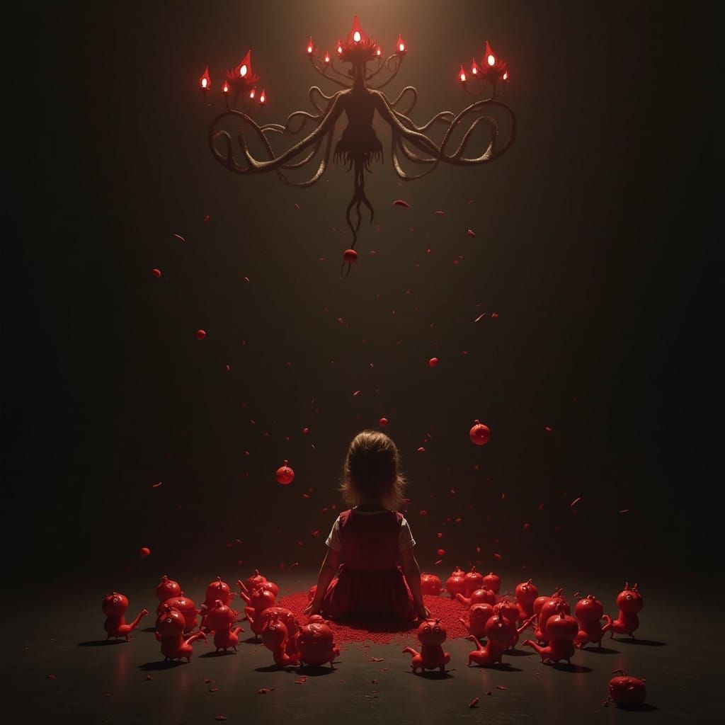 Surreal Girl in Darkroom with Dancing Demons