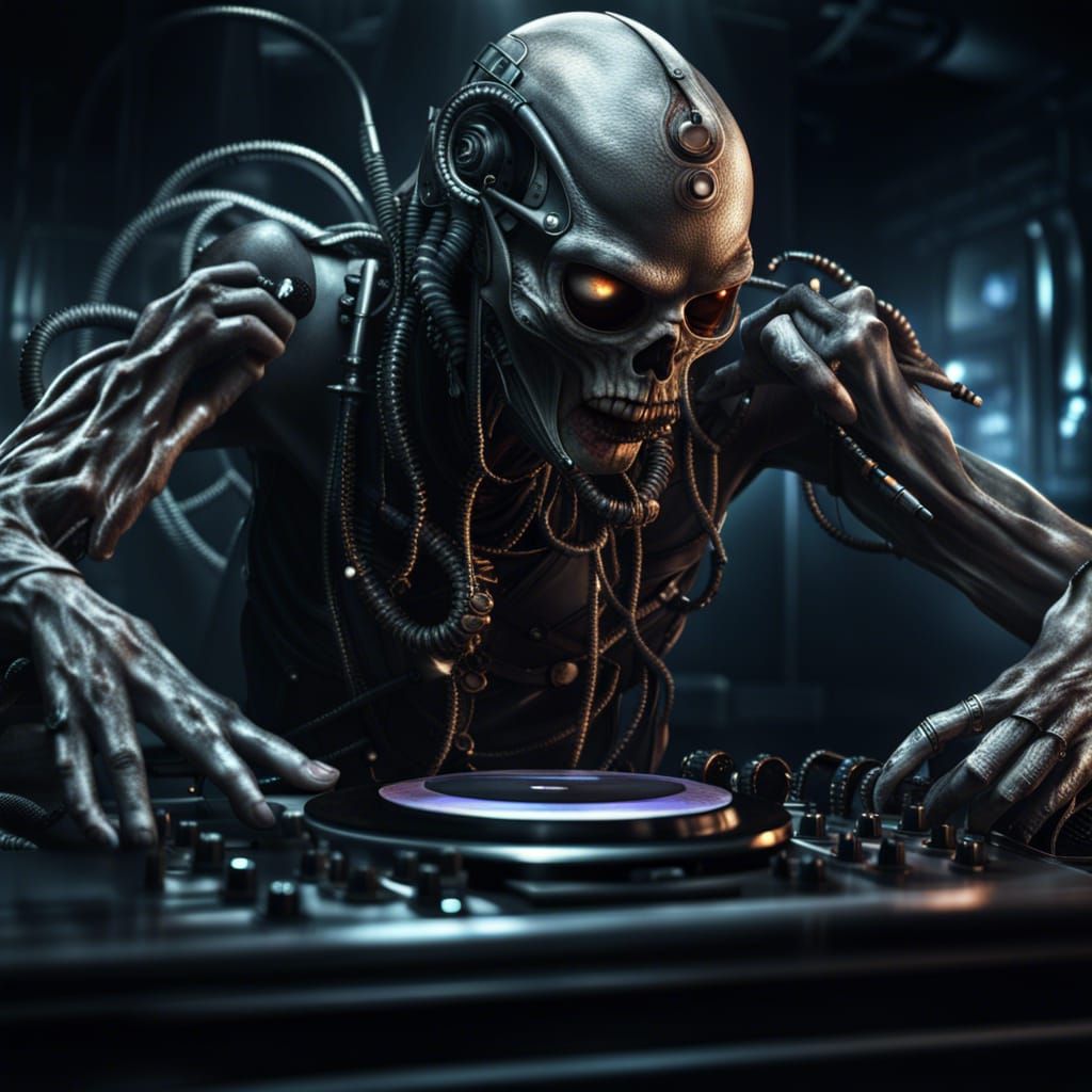 Mechanical Zombie DJ in Dark Hr Giger-Inspired Nightclub