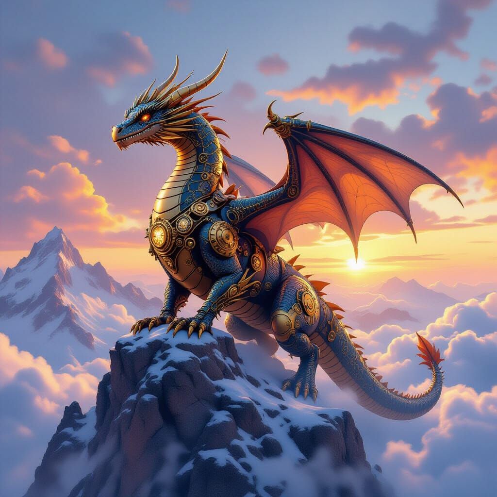 Steampunk Dragon with Clockwork Gears on Mountain Peak