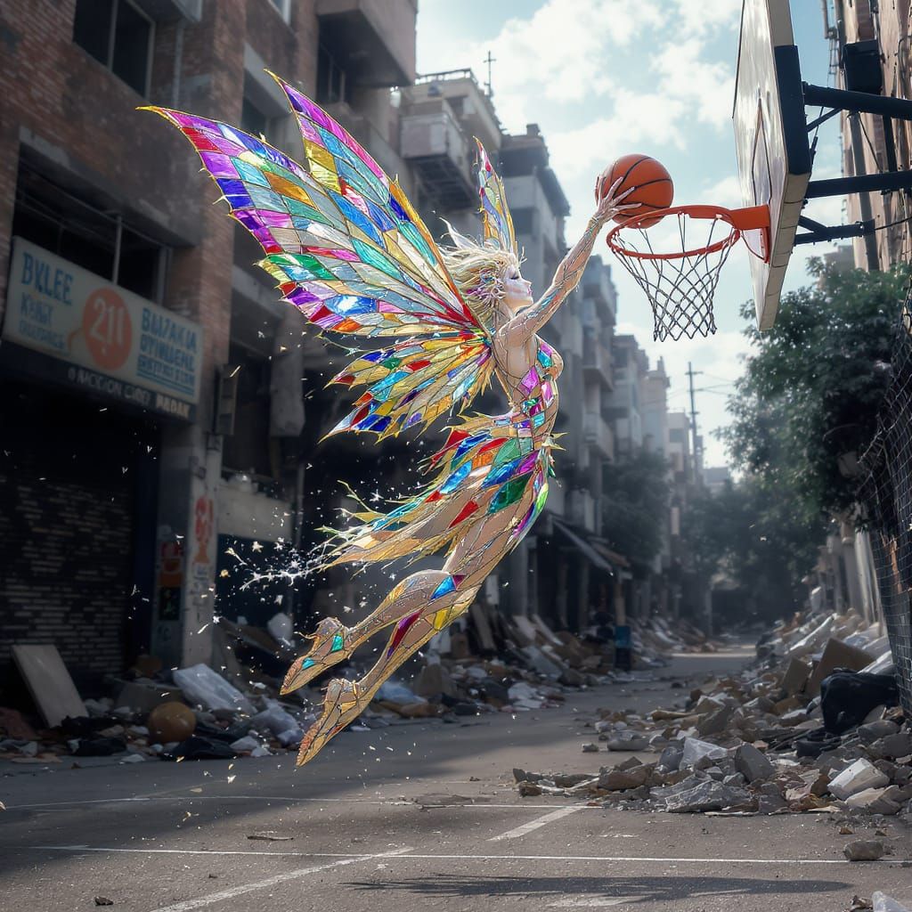 Glass Fairy Hopping on Basketball Pitch in Gothic Style