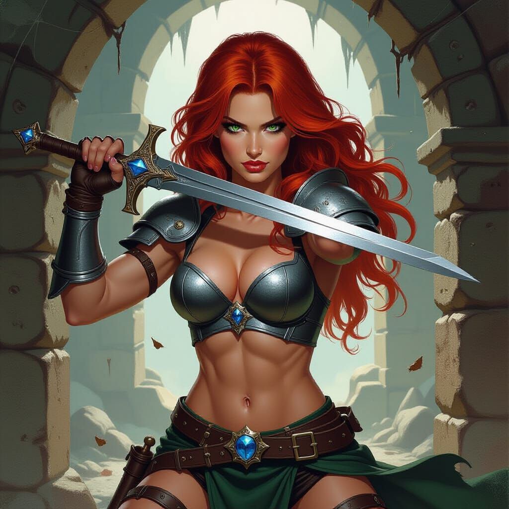 Red-Haired Warrior in Dungeon, Oil Painting Style