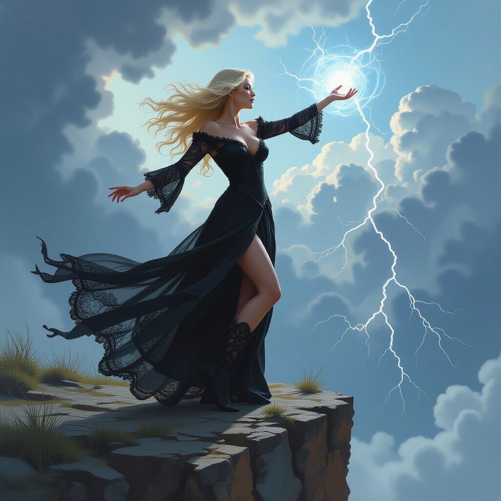 Storm Witch Oil Painting on Cliff Edge