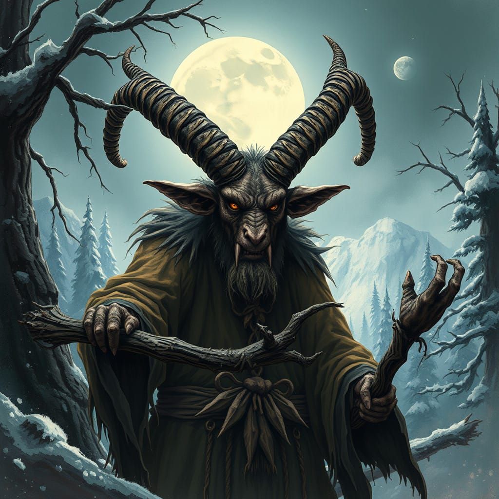 Menacing Krampus Emerge from Alpine Shadows in Dark Fantasy....