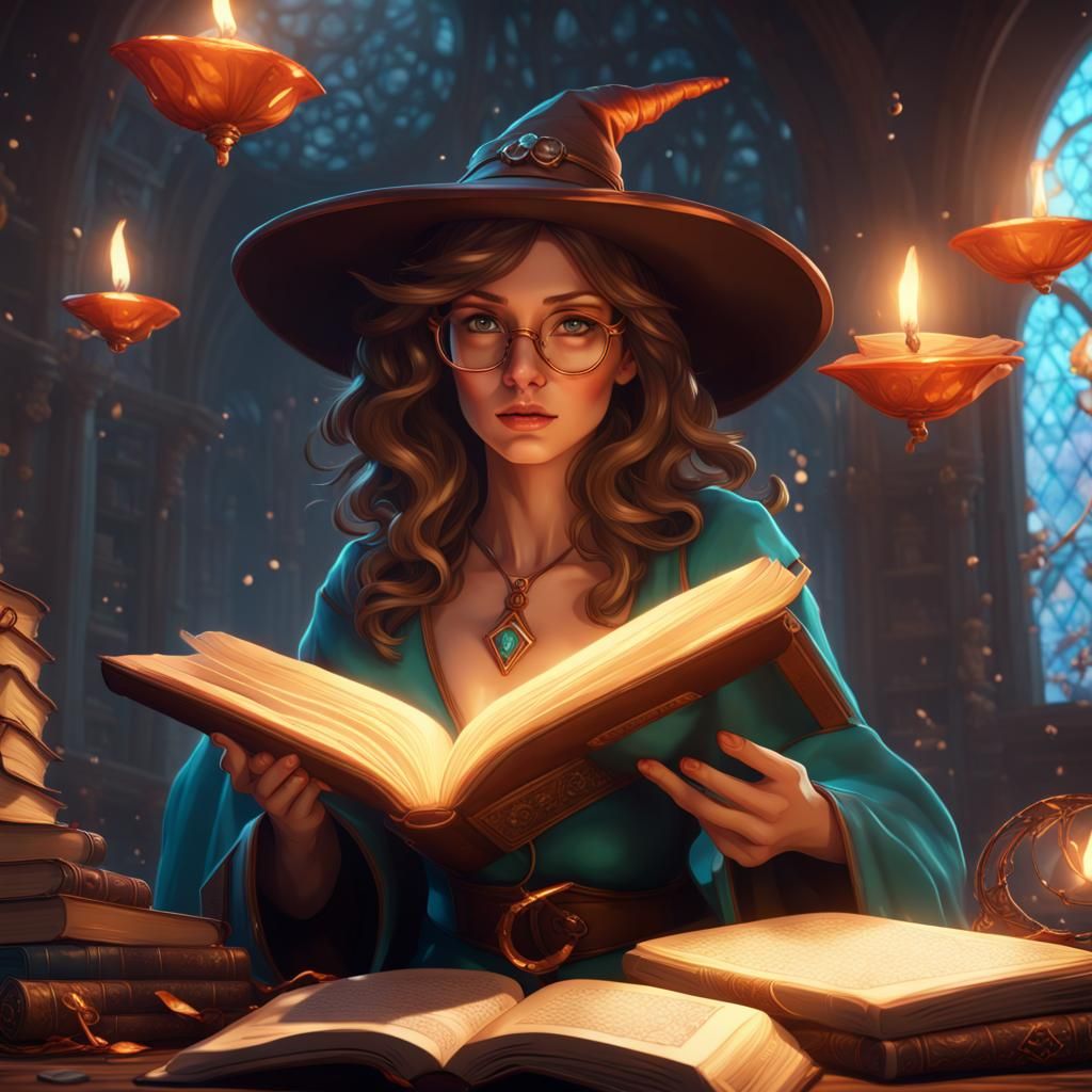 Mystical Librarian Reads Spellbook in Volumetric Lighting
