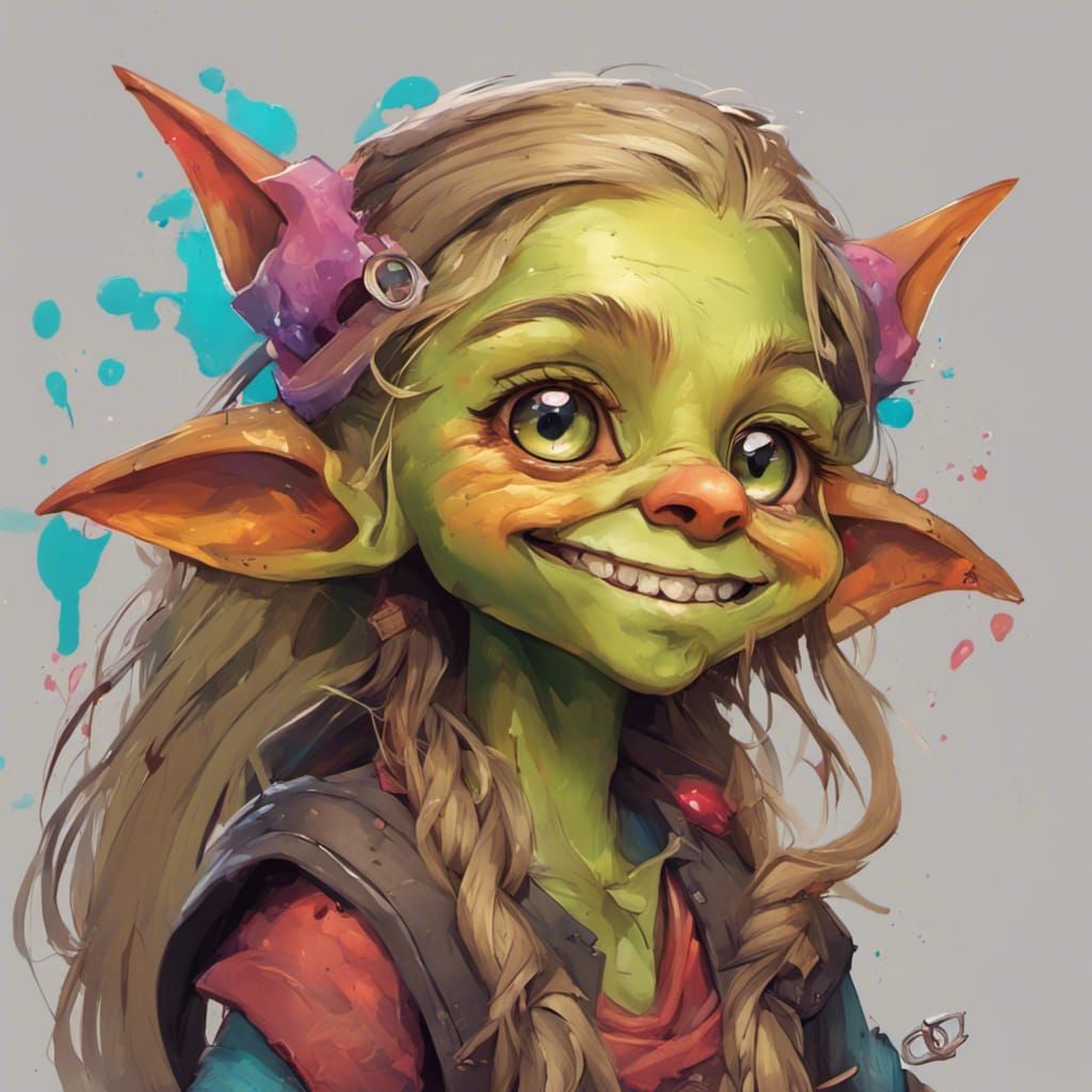 Vibrant Street Art Portrait of a Happy Goblin Maiden