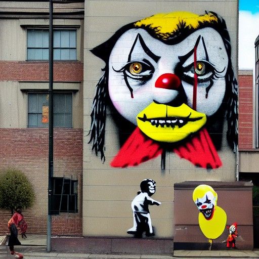 Banksy-Inspired Mural of Pennywise Clown on Balloon with Boy...