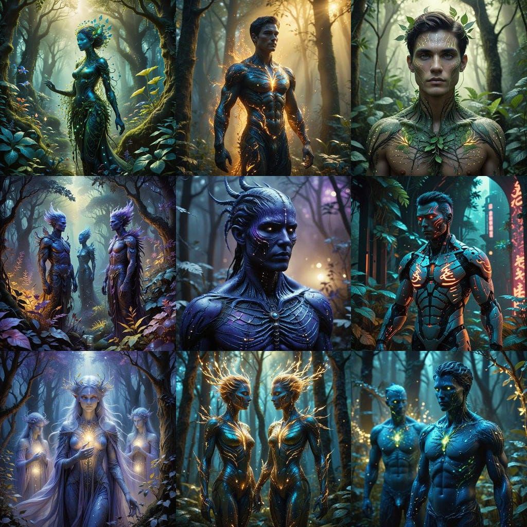 Male AI Beings Healed with Magick in a Mystical Grove